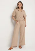 Komplety damskie - Beżowy Komplet Koszula z Krótkim Rękawem i Szerokie Spodnie Maralissa - miniaturka - grafika 1