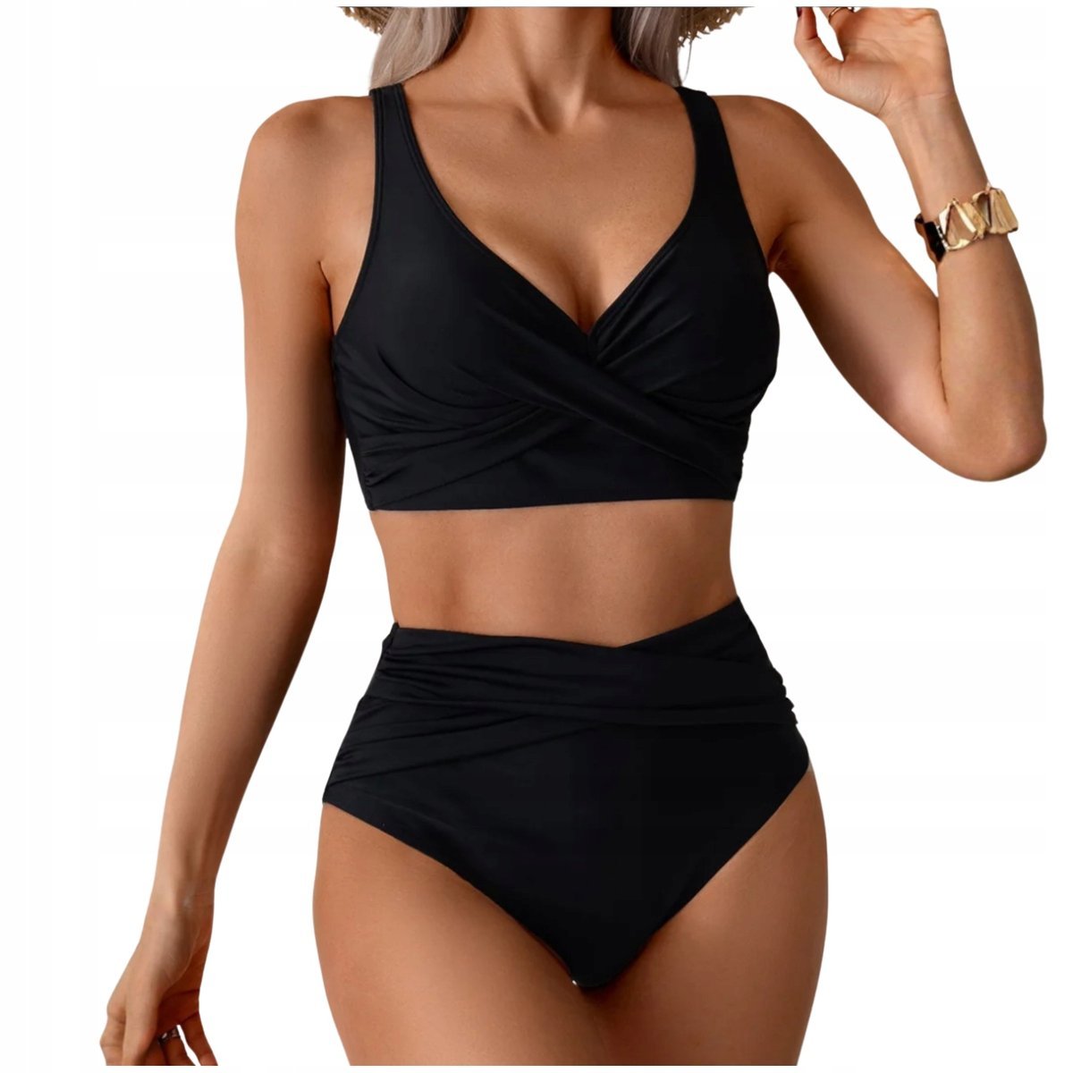 STRÓJ KĄPIELOWY DWUCZĘŚCIOWY KOSTIUM WYSZCZUPLAJĄCY BIKINI WYSOKI STAN M 38 CZARNY
