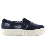 Trampki damskie - Jeansowe slip-on podeszwa z napisami Z-4 Navy granatowe - ButyModne - miniaturka - grafika 1