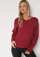 Swetry damskie - Bordowy Sweter z Domieszką Kaszmiru z Dekoltem w Serek Feralaine - miniaturka - grafika 1