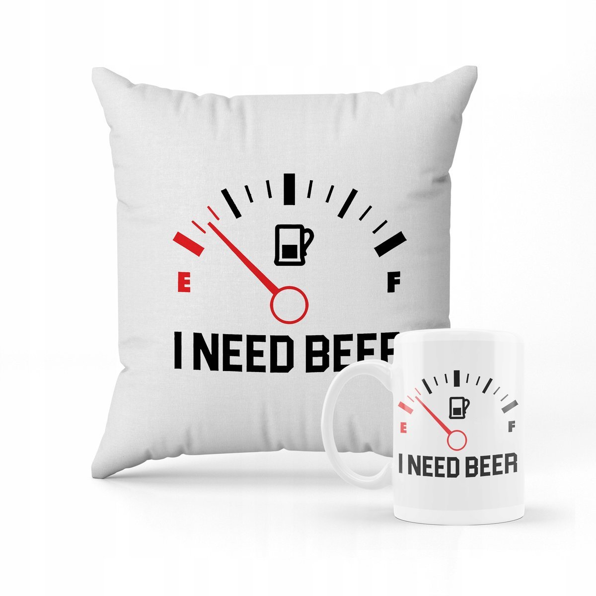 ZESTAW PODUSZKA + kubek I need beer śmieszny wzór + IMIĘ