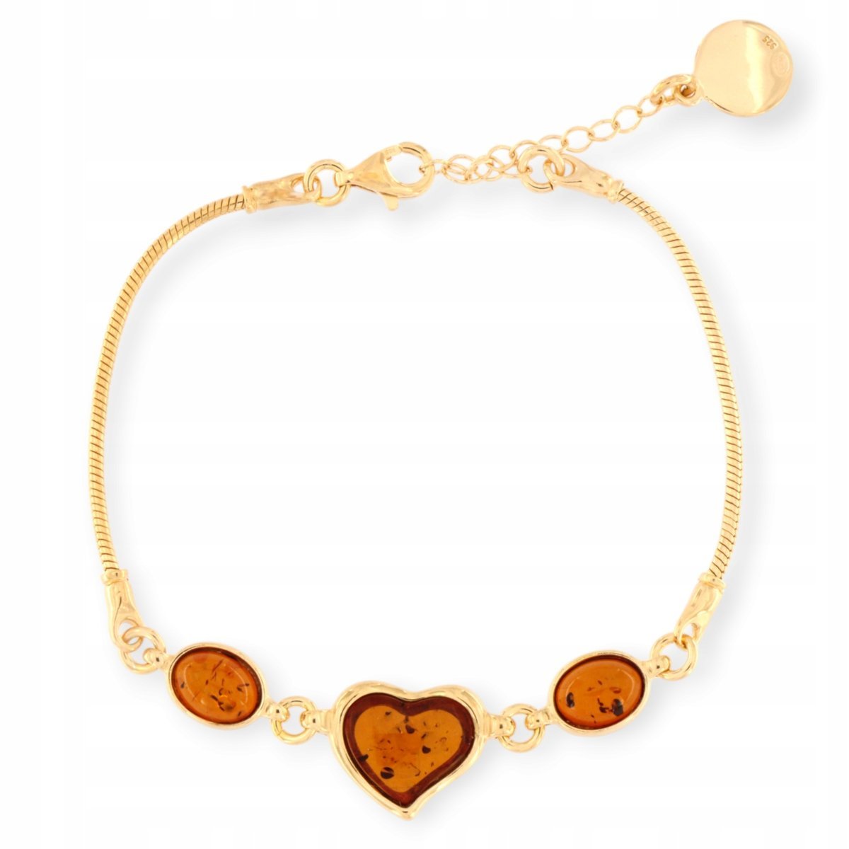 Bransoletka Serce Srebro 925 - Bransoletka bursztynowa pozłacana koniak