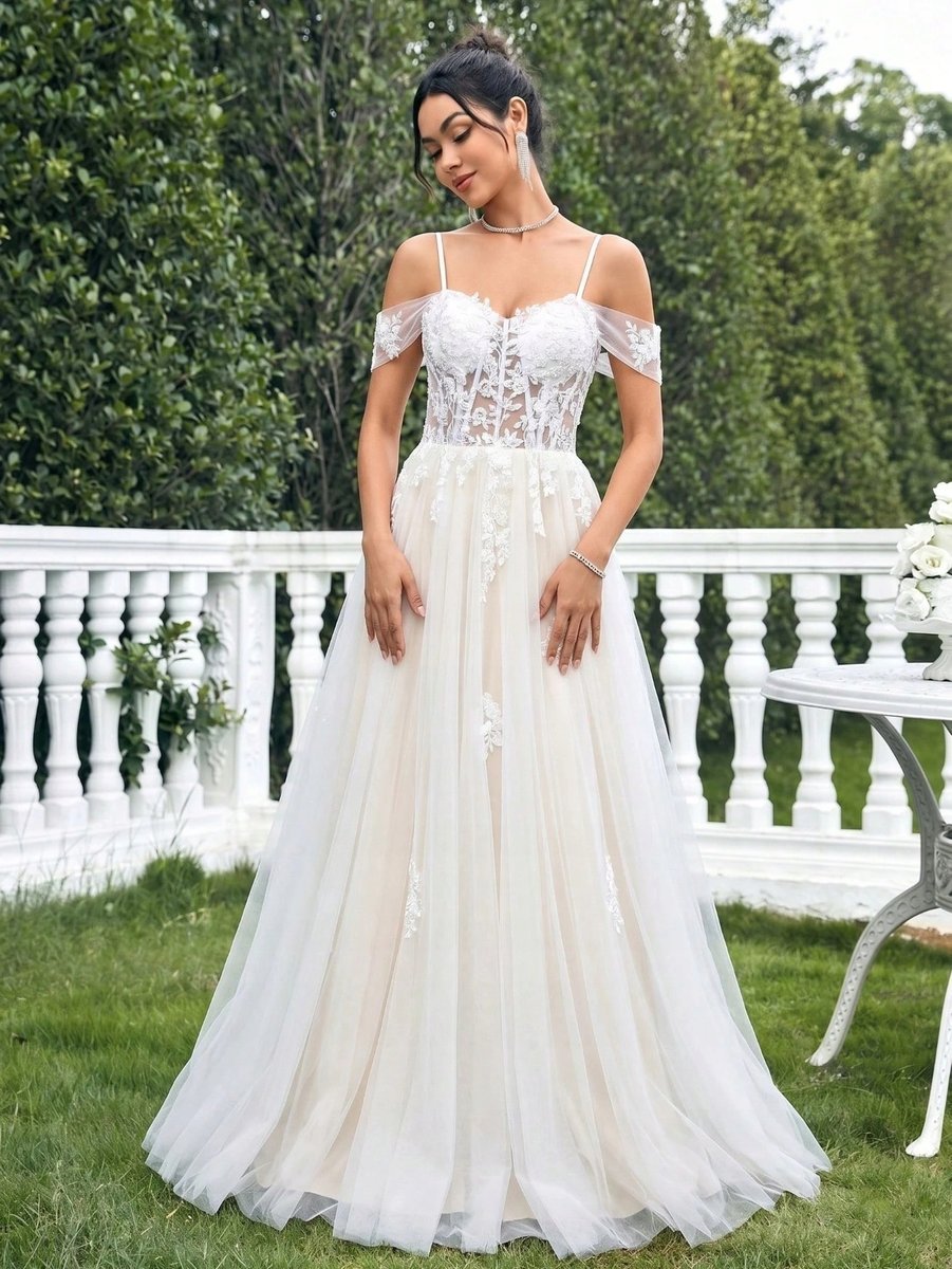 SHEIN ELEGANCKA SUKNIA ŚLUBNA Z KORONKĄ I WIĄZANIEM NA PLECACH M 1MA