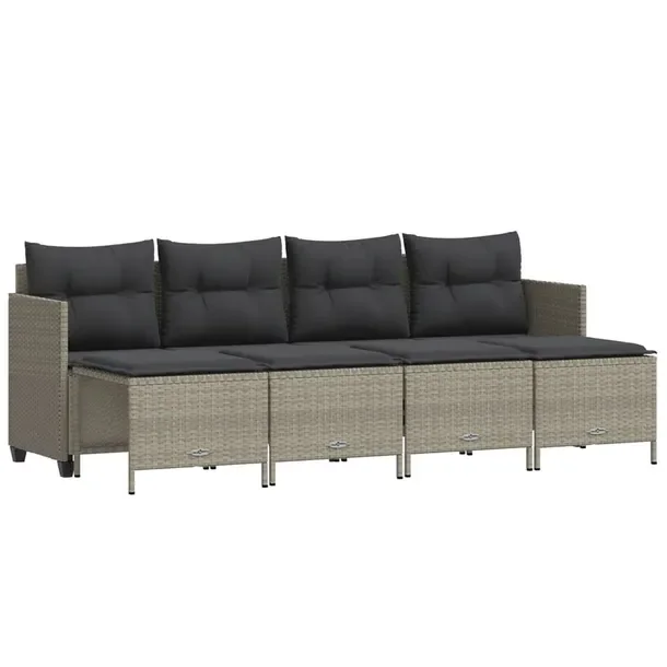 Zestaw Wypoczynkowy Rattan PE Sofa 4-Osobowa i 4 Podnóżki, Jasnoszary