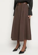 Spódnice - Brązowa Rozkloszowana Spódnica z Wiskozą Zdobiona Paskiem z Klamrą Tinevia - miniaturka - grafika 1