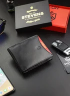 Portfele - Portfel Męski Skórzany STEVENS Ochrona RFID Czarny + Czerwony Młodzieżowy - miniaturka - grafika 1