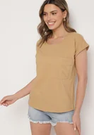 Koszulki i topy damskie - Beżowy T-shirt z Bawełny Ozdobiony Kieszonką Ziarene - miniaturka - grafika 1