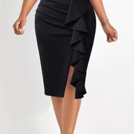 Spódnice - TEMU Damska wysoka, ruchowana spódnica midi - czarna, jednokolorowa, płynny design, idealna do codziennego lub biurowego noszenia, stylowa i swobodna - miniaturka - grafika 1