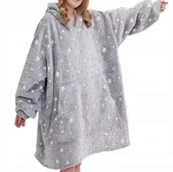 Bluzy damskie - CIEPŁA BLUZA KOCOBLUZA XXL KOC OVERSIZE DŁUGA FUTRZAK Z KAPTUREM GWIAZDKI - miniaturka - grafika 1