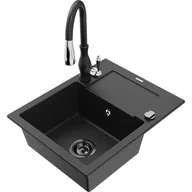 Zlewozmywaki z baterią - Mexen Enzo zlewozmywak granitowy 1-komorowy z ociekaczem i baterią kuchenną Savita, czarny/srebrny metalik - miniaturka - grafika 1