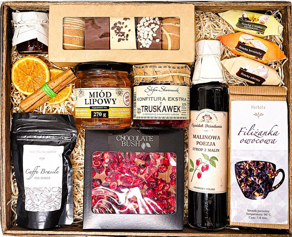 Duży Kosz Prezentowy Upominek Miód Herbata Kawa Czekolada Przysmaki