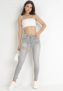 Jasnoszare Jeansy Skinny Push-Up z Cyrkoniami i Wycięciem Dialline - Spodnie damskie - miniaturka - grafika 1