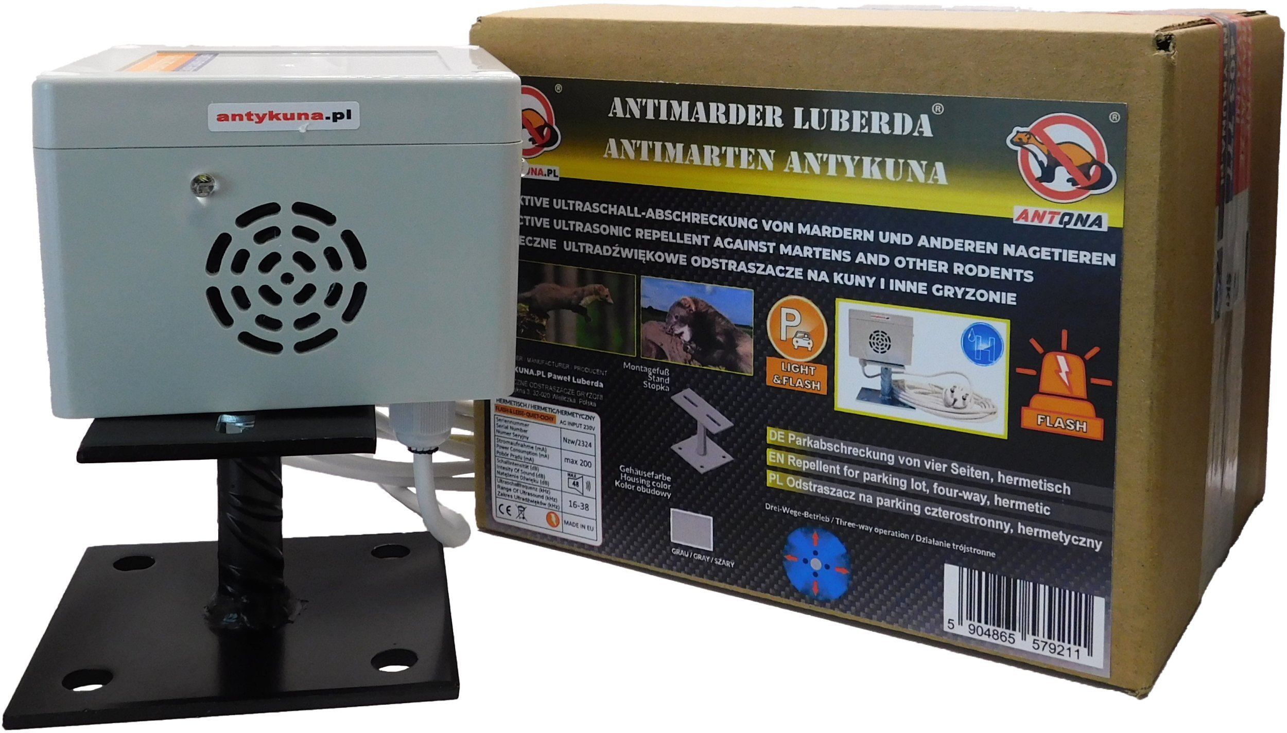 Antykuna.pl Odstraszacz Cichy Light Hermetyczny, na parking, taras, dach Na podstawce, Zasilanie 230V