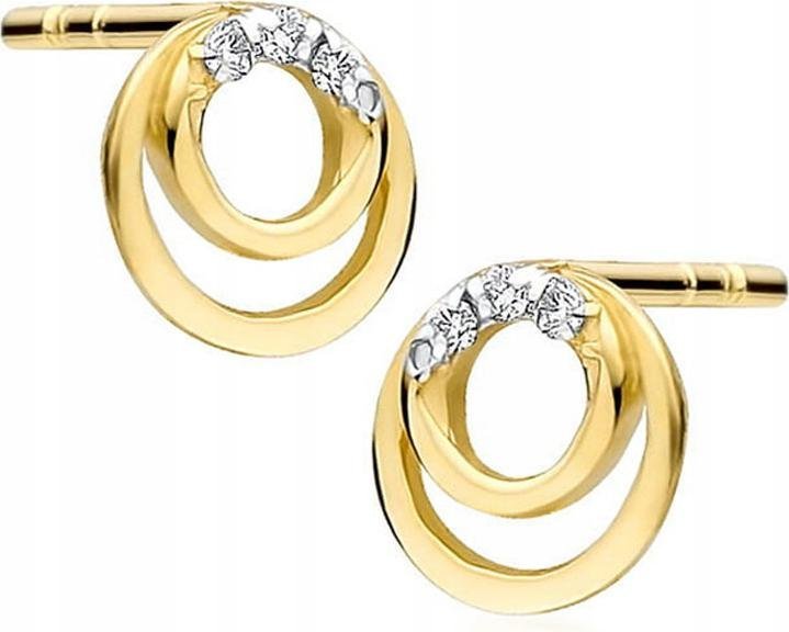 Złote kolczyki 585 ringi z diamentami wkrętki kobiece na elegancko modne