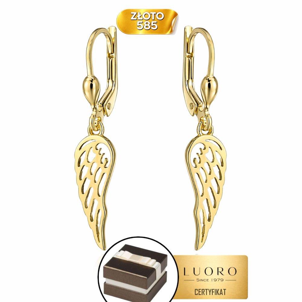 KOLCZYKI ZŁOTE 585 14K WISZĄCE SKRZYDŁA ANGIELSKIE ZAPIĘCIE 35 MM