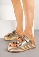 Klapki i japonki damskie - Złote Klapki na Grubej Plecionej Podeszwie z Szydełkowym Wzorem Tenavira - miniaturka - grafika 1