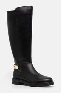 Tommy Hilfiger kozaki TH LOGO LEATHER LONG BOOT damskie kolor czarny na płaskim obcasie lekko ocieplone FW0FW08335 - Kozaki damskie - miniaturka - grafika 1