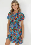 Sukienki - Niebieska Sukienka Mini z Szeroką Gumką w Talii i Kopertowym Dekoltem Nevun - miniaturka - grafika 1