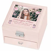 Pamiątka Pierwszej Komunii Świętej - Szkatułka na biżuterię różowa z nadrukiem dla dziewczynki na komunię - miniaturka - grafika 1