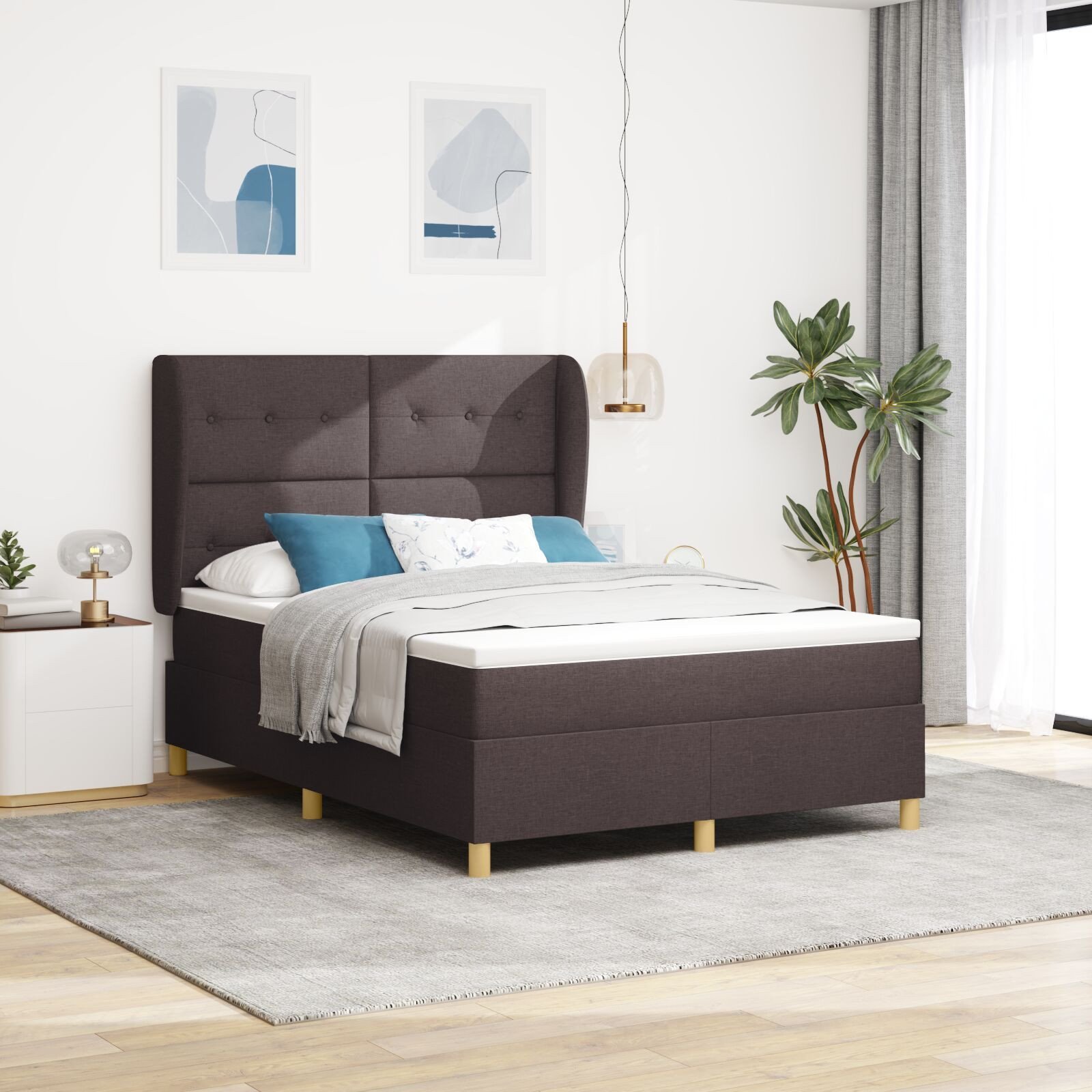 Łóżko Box Spring z Materacem Ciemnobrązowe 140x190 cm Tkanina