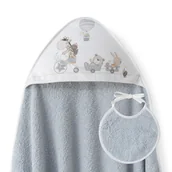 Okrycia kąpielowe dla dzieci - Okrycie kąpielowe 100x100 Żyrafa szary ręcznik z kapturkiem + śliniaczek bawełniany frotte - miniaturka - grafika 1