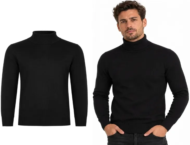 SWETER MĘSKI Z GOLFEM - Czarny Klasyczny Elegancki Gładki Wiskoza Wygodny