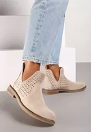 Botki damskie - Beżowe Botki Sztyblety z Ażurowymi Wycięciami i Skórzaną Wkładką Bralithia - miniaturka - grafika 1