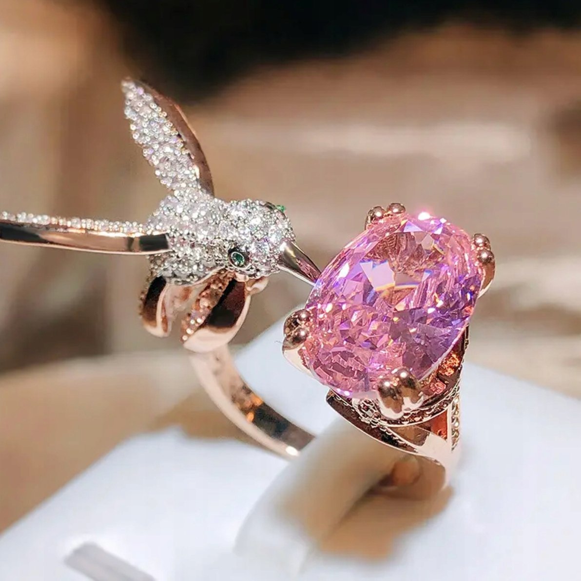 Różowe Złoto Pierścionek Turmalin Owalny Cyrkonie Koliber Stal Chirurgiczna