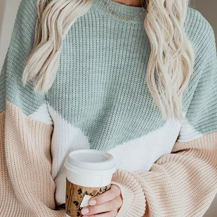 TEMU Damski sweter z blokami kolorów, casualowy, z okrągłym dekoltem, opadającymi ramionami, długim rękawem, dzianinowy - elegancki sweter z - Swetry damskie - miniaturka - grafika 1