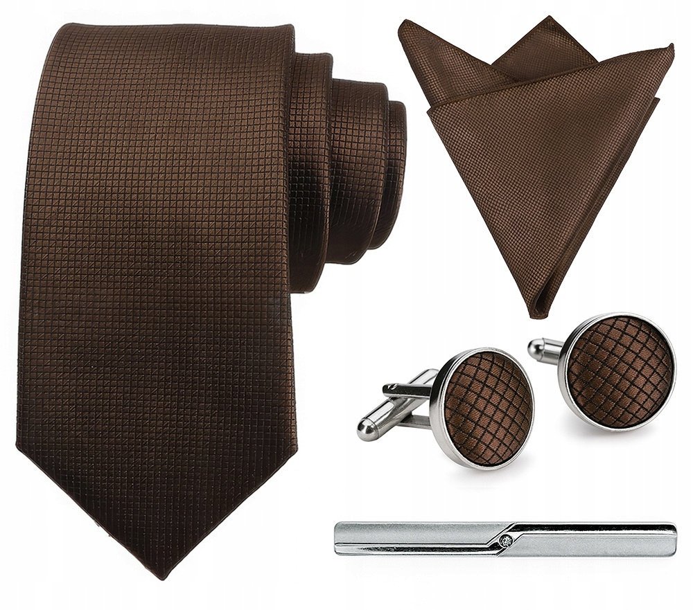 Zestaw męski w pudełku - krawat + poszetka + spinki do mankietów + spinka do krawata BRĄZOWY