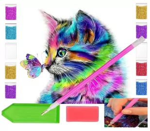 Haft diamentowy KOTEK I MOTYLEK 30x30 OBRAZ duży zabawki kreatywne plastyczne - Zabawki kreatywne - miniaturka - grafika 1