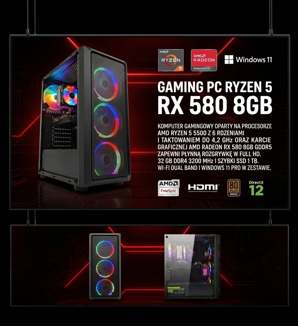 Komputer Adronix PC RYZEN 5 5500 RX 580 8GB 32GB DDR4 RAM 1TB SSD +Wi-Fi +WIN11 PRO 18243615471