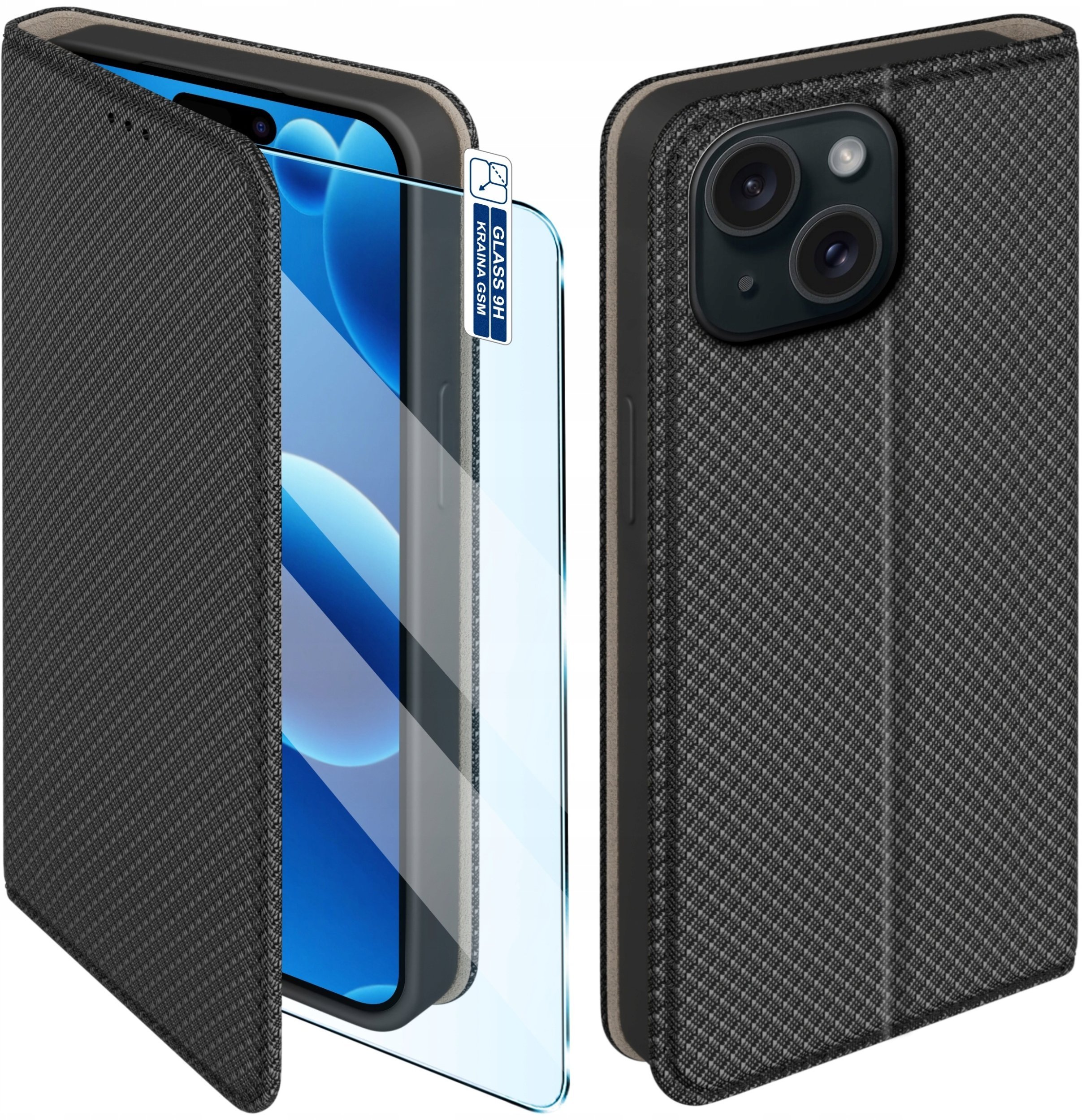 krainaGSM Etui Z Klapką Do Iphone 15 Zamykane Czarne Futerał + Szkło 9H