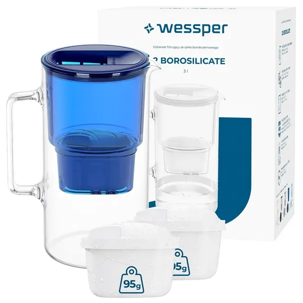 Szklany dzbanek filtrujący Wessper D2 Borosilicate 3l niebieski + 3x filtr