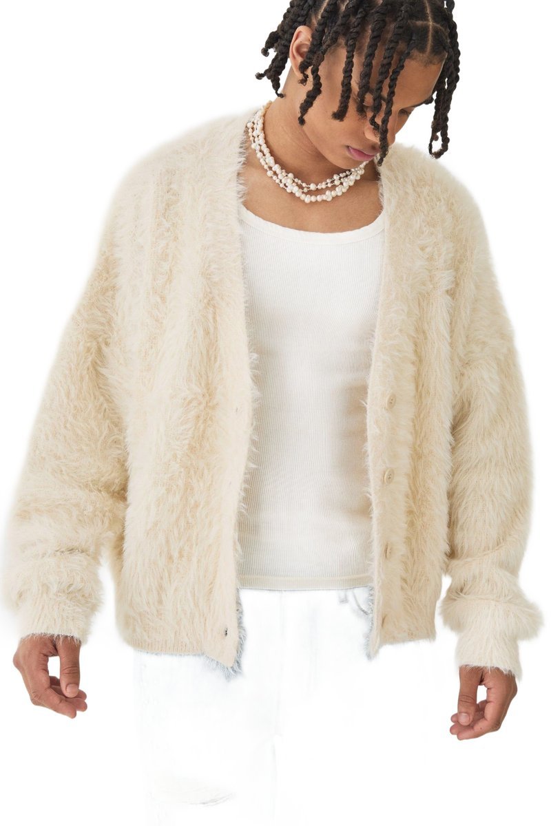 BOOHOOMAN MĘSKI SWETER BEŻOWY PLUSZOWY ROZPINANY BEZ KAPTURA L Z3A*