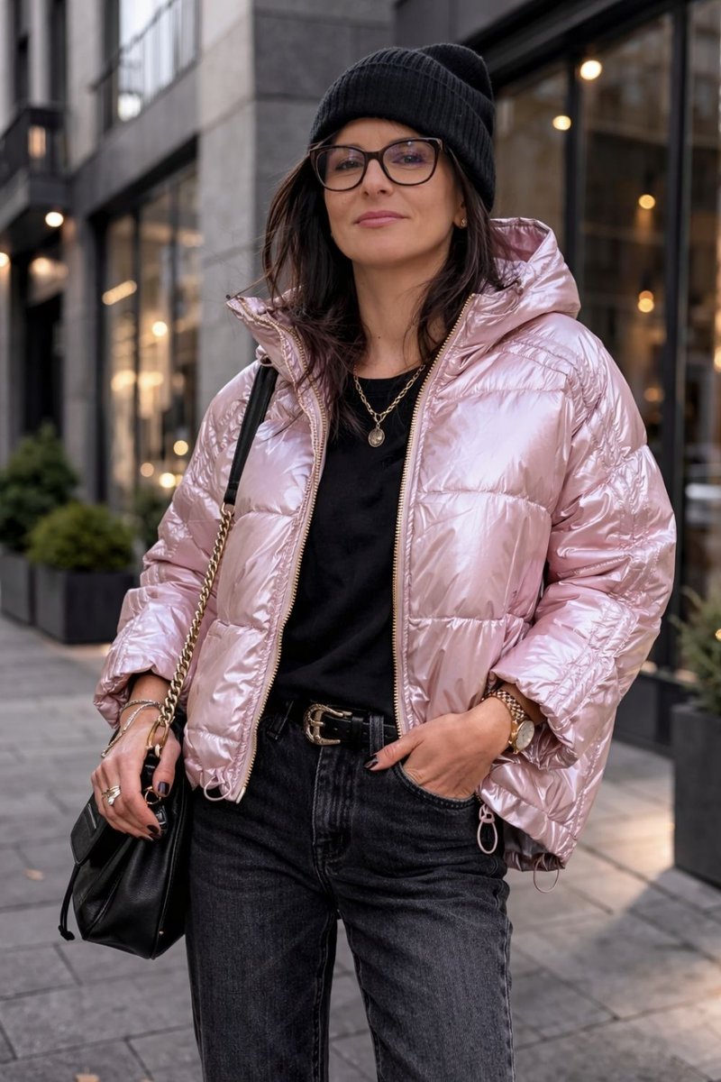 Kurtka damska dwustronna metaliczna różowa/srebrna 2w1 pikowana kaptur oversize