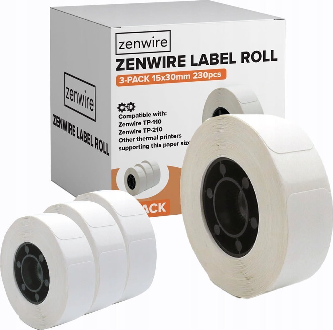 Zenwire Etykiety Termiczne Samoprzylepne 3-pak 230 szt Rolki 15x30 mm do Mini Drukarki TP-110