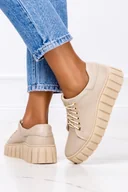 Półbuty damskie - Beżowe trampki skórzane damskie creepersy sznurowane PRODUKT POLSKI Casu 469 - miniaturka - grafika 1