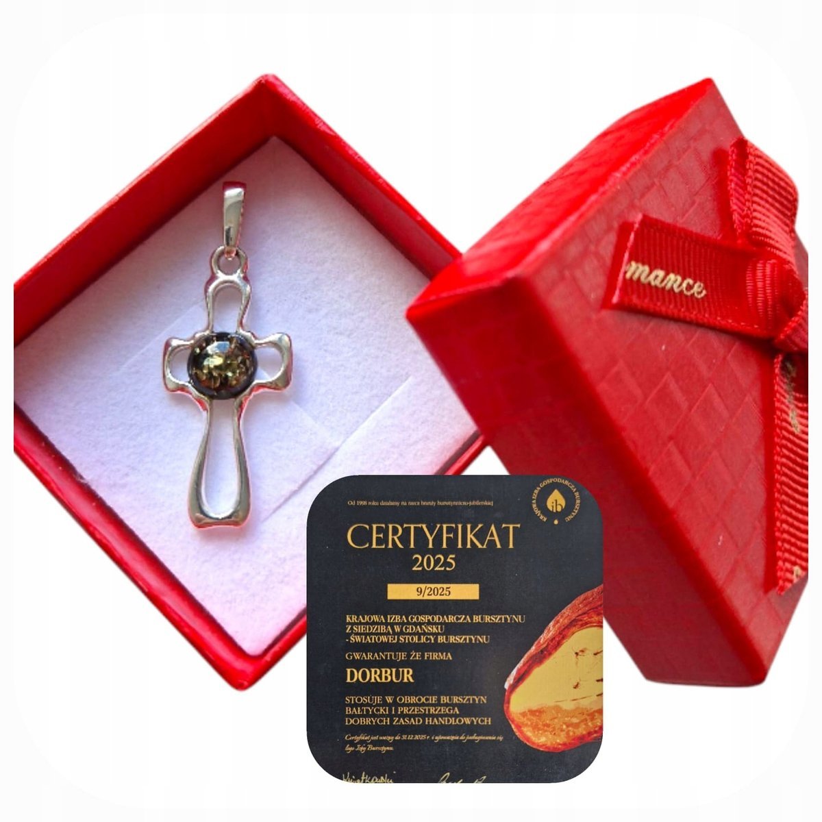 Krzyżyk srebrny z zielonym bursztynem Srebro 925 Zawieszka prezent