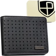 Portfele - Nowoczesny portfel męski z perforowanym wzorem czarny poziomy bez zapięcia PETERSON skóra ekologiczna mały slim do kieszeni pudełko prezentowe ochro.. - miniaturka - grafika 1