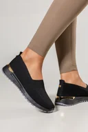 Trampki damskie - Czarne sneakersy damskie buty sportowe wsuwane na elastycznej podeszwie złote dodatki Carla  KB210A - miniaturka - grafika 1