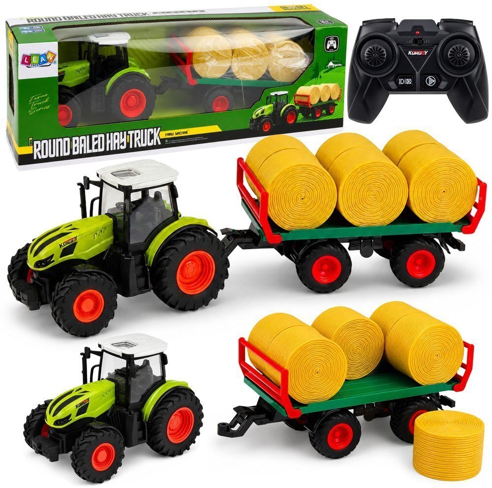 LeanToys Traktor Rolniczy Zdalnie Sterowany RC z Przyczepą Bale Siana Światła 1:24