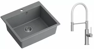 Quadron Zlewozmywak granitowy jednokomorowy 57*50*22 cm MORGAN 110 SILVER STONE ze stalowym odpływem z baterią GEMMA Q LINE SLIM z ruchomą wylewką kolor stal szczotkowana/biały wąż - Zlewozmywaki z baterią - miniaturka - grafika 1