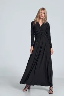 Elegancka SUKIENKA maxi z marszczonym dekoltem | z gumką | Czarna M - Sukienki - miniaturka - grafika 1