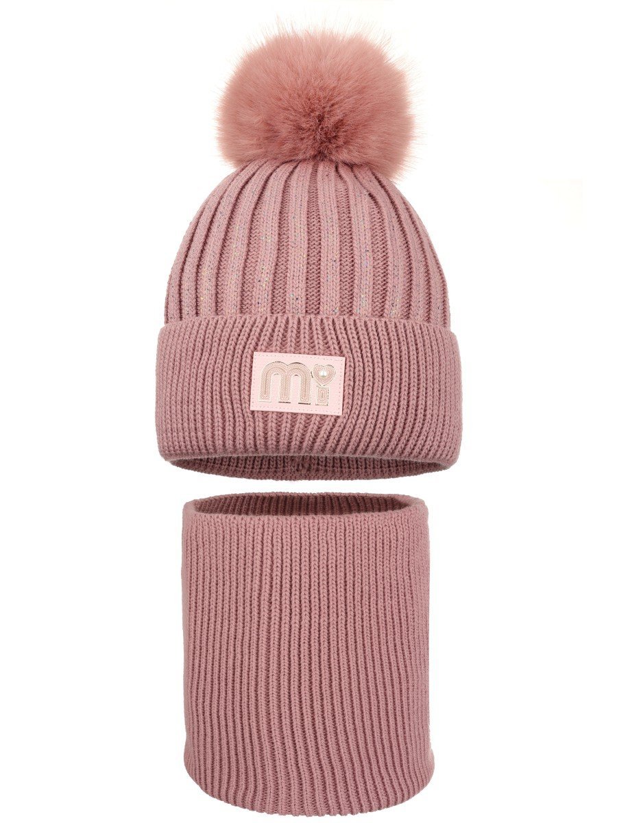 Dziewczęcy komplet zimowy czapka i komin ciemnoróżowy Ambra r.48/50