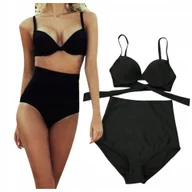 Stroje kąpielowe - DWUCZĘŚCIOWY STRÓJ KĄPIELOWY WYSZCZUPLAJĄCY WYSOKI STAN CZARNY KOSTIUM S - miniaturka - grafika 1