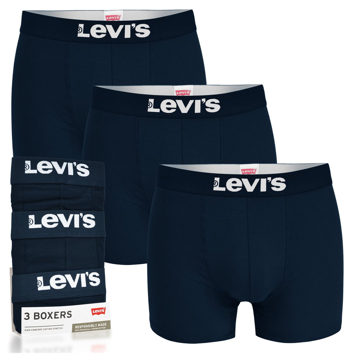 LEVI'S Bokserki Męskie Majtki Granatowe Logo Bawełna 3 Pak Rozmiar L