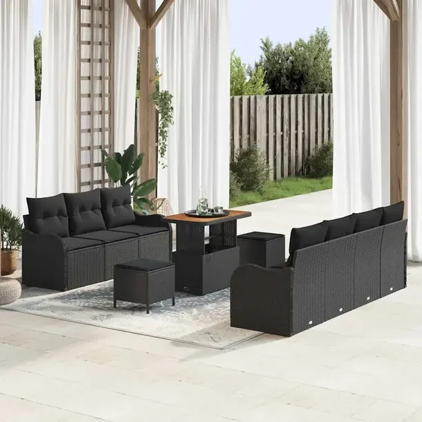 Zestaw Sofa Ogrodowa Modułowa Polirattan Czarny 6-Częściowy 7 Miejsc