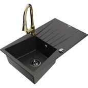 Zlewozmywaki z baterią - Mexen Cesar zlewozmywak granitowy 1-komorowy z ociekaczem i baterią kuchenną Elia, czarny/złoty metalik - miniaturka - grafika 1