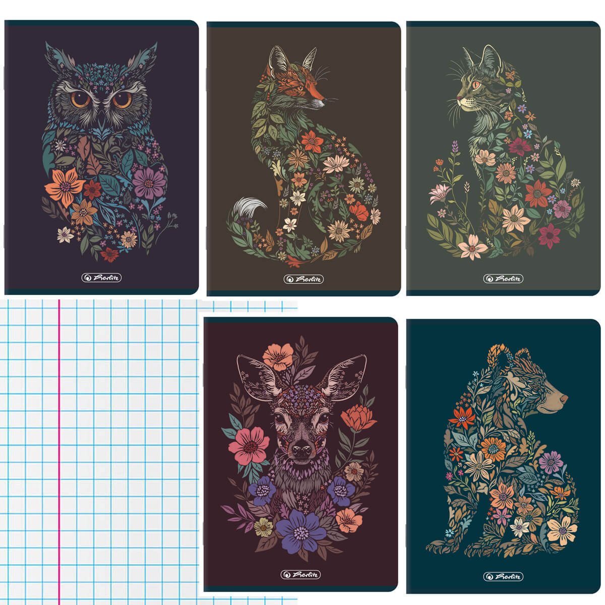 5 SZT. X ZESZYT A5, 60 KARTEK, KRATKA Z MARGINESEM, FLORAL ANIMALS, HERLITZ